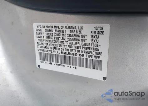 2009 Honda Odyssey Ex-L из США, поврежденный, VIN 5FNRL38679B014548